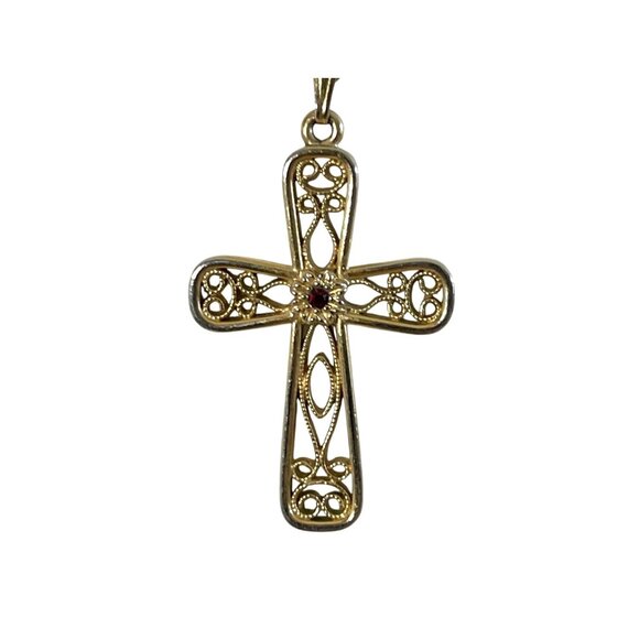 Vtg Sarah Coventry Gold-Tone Filigree Cross Necklace Red Stone Accent 18" Chain - Picture 1 of 9